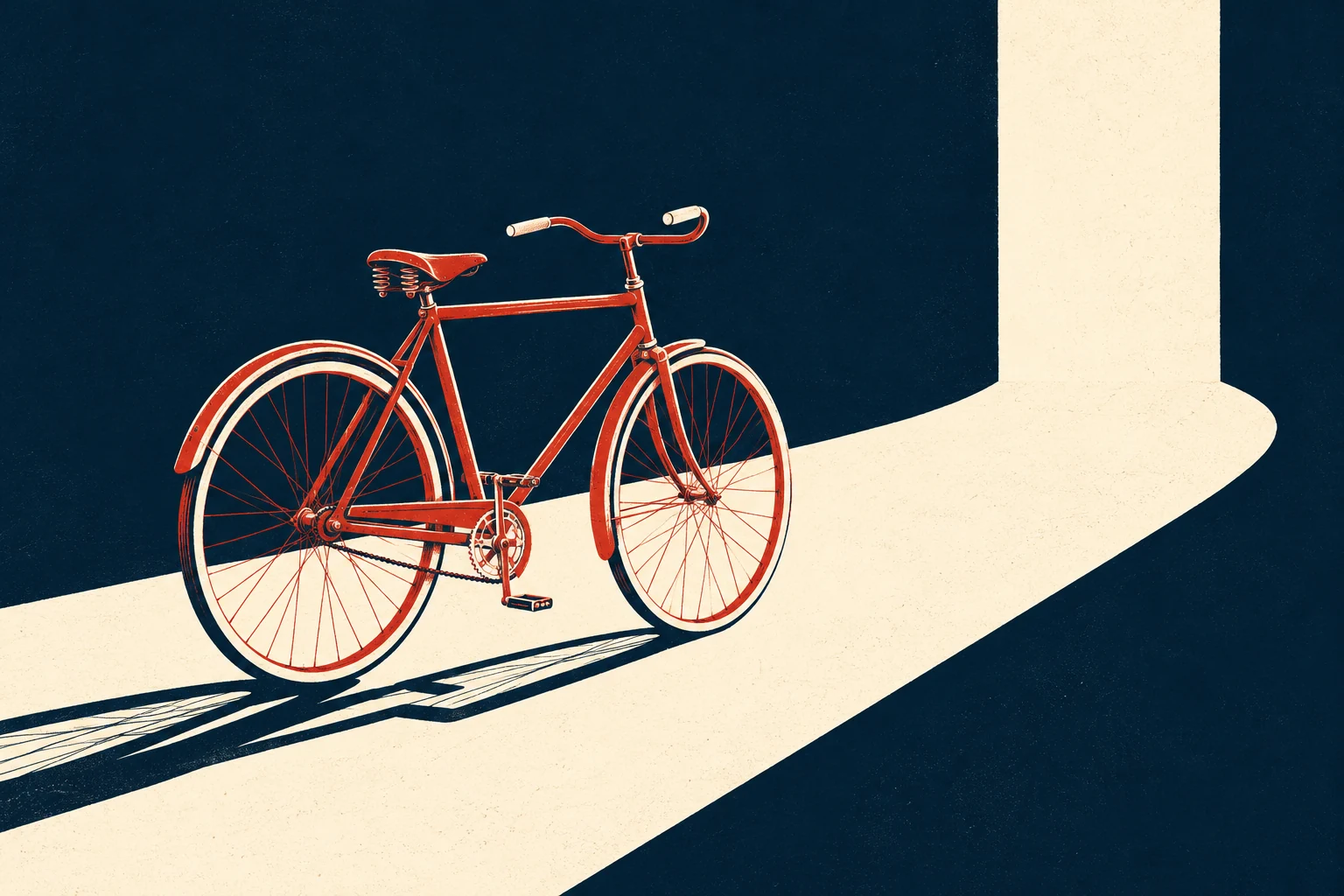 A red bicycle casts a long shadow toward a cream doorway.