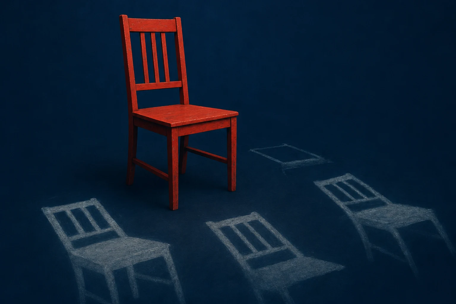 A solid red chair on a navy ground, surrounded by pale, incomplete chair-shaped outlines, as if the chair's place is being redrawn in public.