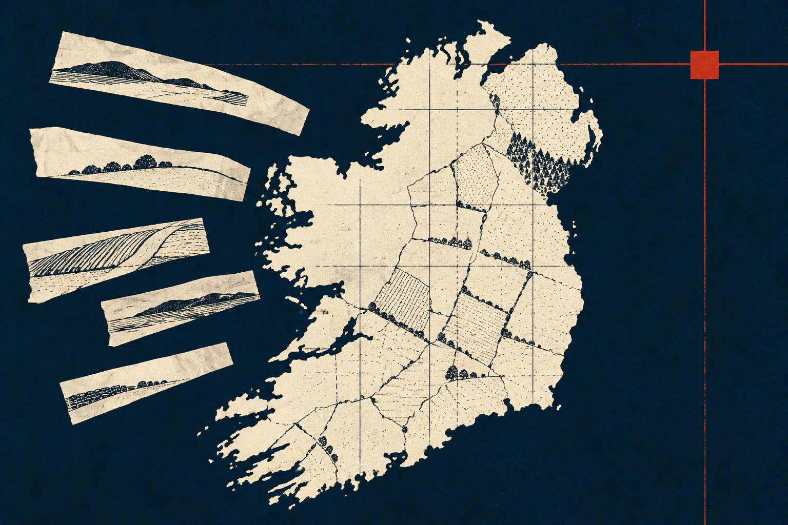 A cream map of Ireland, torn strips of landscape and red survey lines on navy.