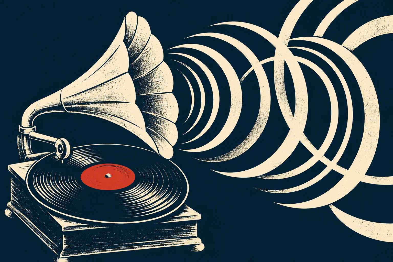 A cream gramophone, red record label and spreading sound waves on navy.